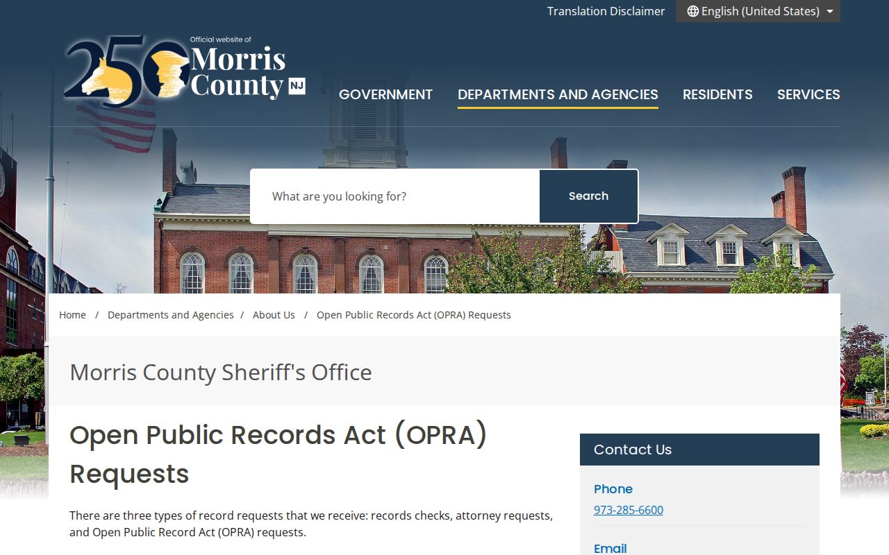 Morris County arrest records and Sheriff OPRA request page