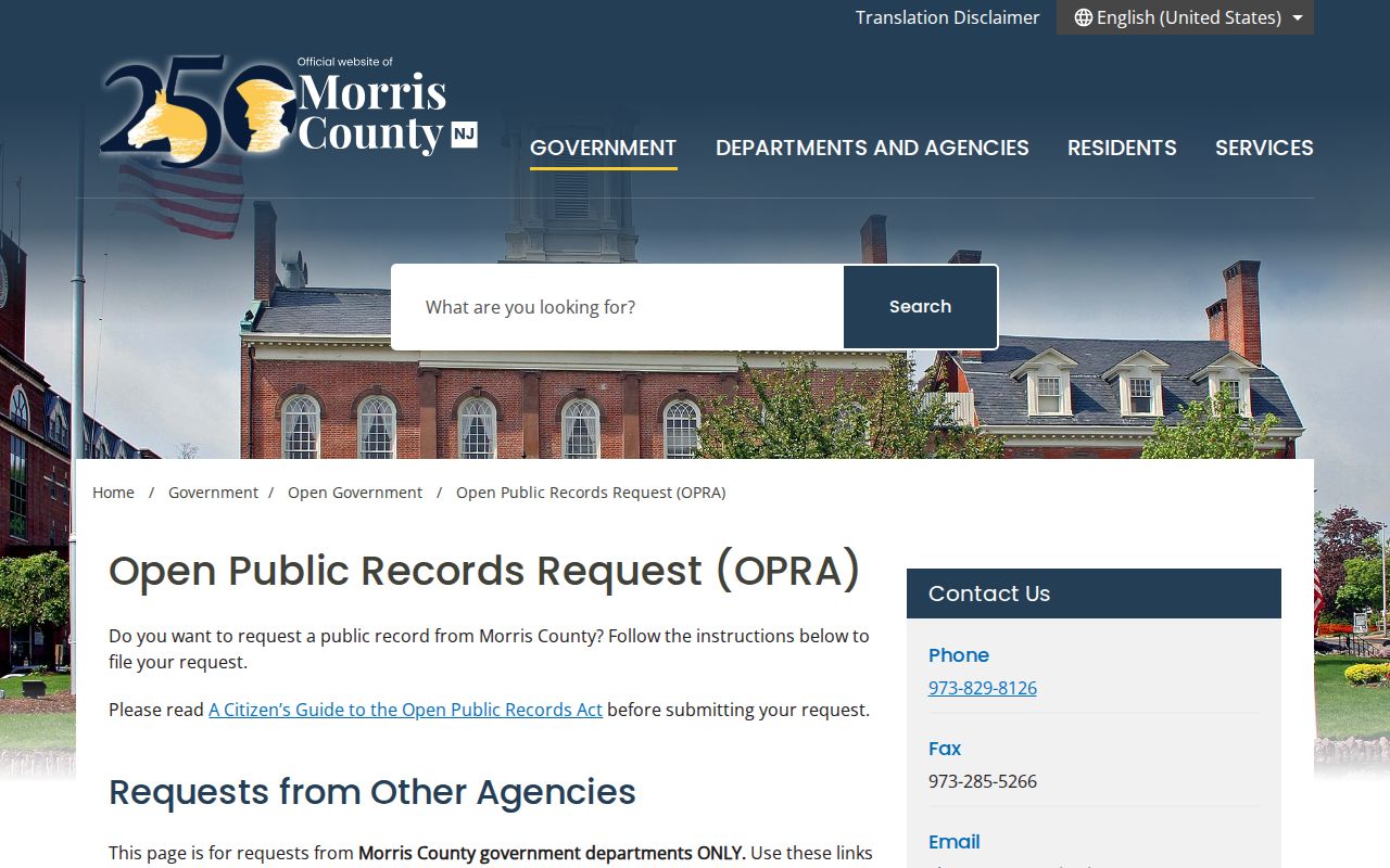 Morris County criminal records OPRA GovQA page
