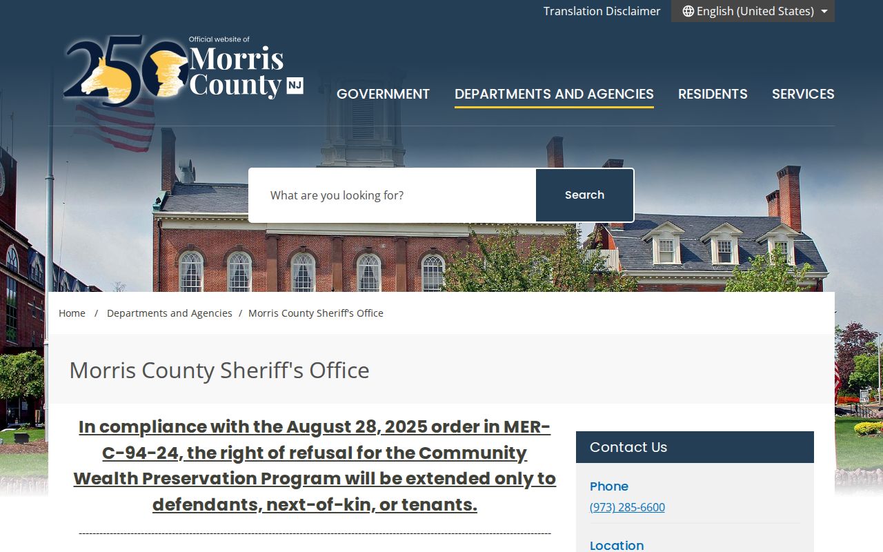 Morris County Sheriff criminal records office page